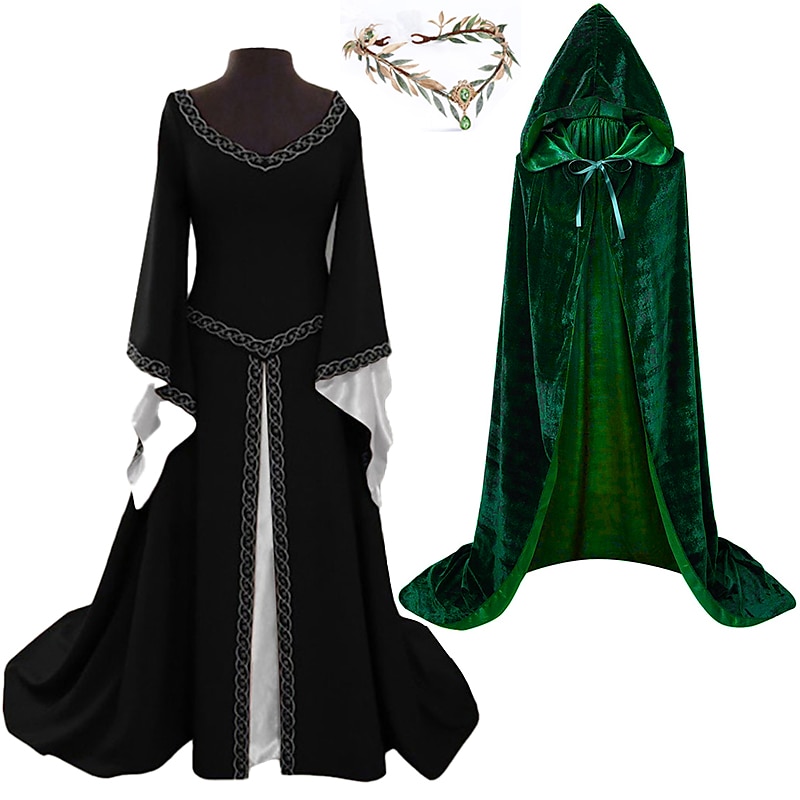 conjuntos com vestido irlandês glamour noiva elfo coroa capa com capuz 3 peças feminino medieval steampunk renascentista retrô vintage roupas viking fantasias de cosplay larp de 2025 por $64.99 –P4