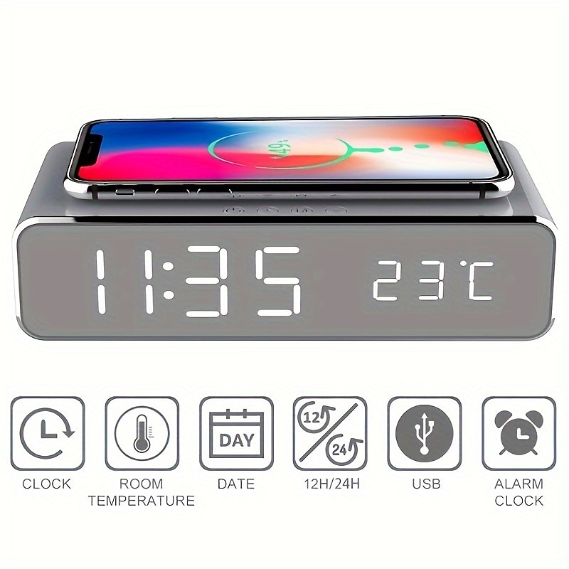 Wireless Charger Time Alarm Clock LED Digital Thermometer Earphone Phone Chargers Fast Charging Dock Station For IPhone 15 14 13 12 Samsung 2025 - $34.99 –P9