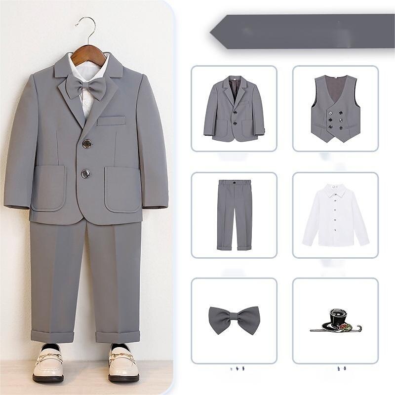 6 deler Barn Gutt Dress og blazer Antrekk Helfarge Langermet Knapp Sett Formell Kul Høst Vinter 7-13 år Grå 5-delt sett (jakke + vest + bukse + sløyfe + Blått 6-delt sett (skjorte + jakke + vest 2025 - $95.99 –P6