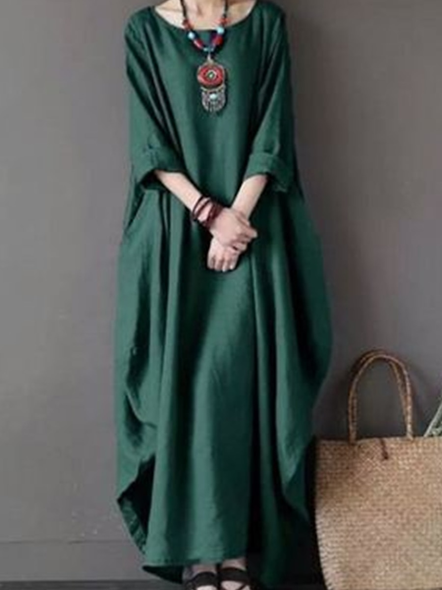 Damen Langes Kleid Maxikleid Leinen-inspirierte Kleider Weißes Kleid Freizeitkleid Winterkleid Streetwear Urlaub Straße Lässiger Schnitt Langarm Rundhalsausschnitt Schwarz Weiß Rote Blau Herbst Winter 2025 - $26.99 –P6