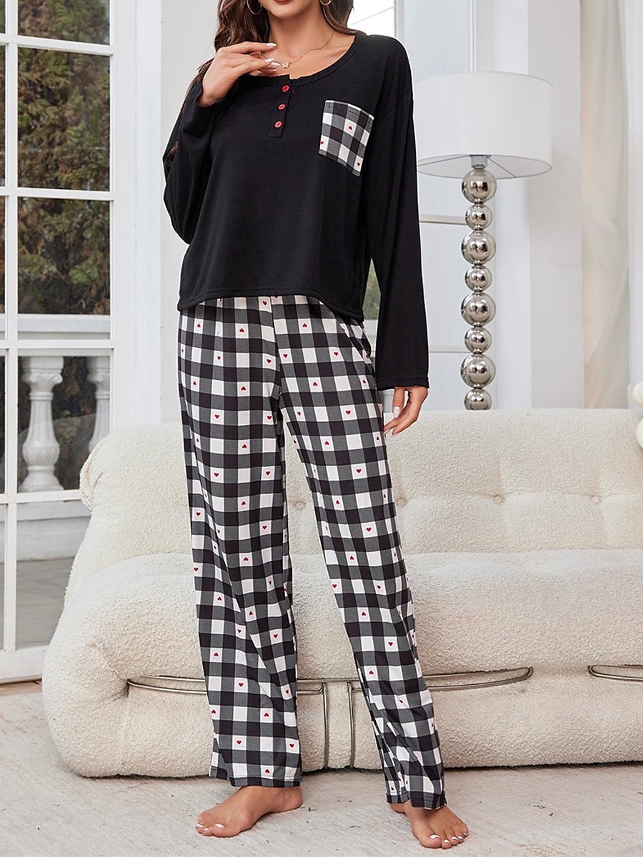 pyjamassett for kvinner rutenett / rutete tilfeldig komfort hjemmeseng pustende rundhals langermet t-skjorte t-skjorte bukseknapplomme høst vinter hjemmeantrekk 2025 - $25.99 –P1
