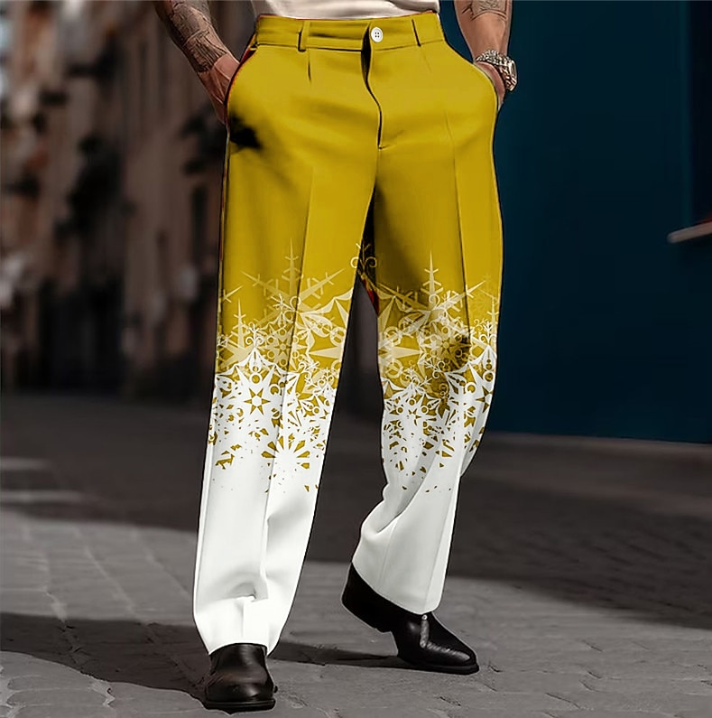 Pantalon imprimé scène de Noël pour homme, pantalon décontracté avec flocon de neige, imprimé 3D, tenue de ville en plein air, pour le travail, en polyester, noir et blanc, jaune vin, S, M, L, de 2025 ? $30.99 –P5