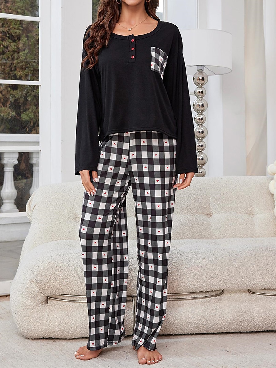 pyjamassett for kvinner rutenett / rutete tilfeldig komfort hjemmeseng pustende rundhals langermet t-skjorte t-skjorte bukseknapplomme høst vinter hjemmeantrekk 2025 - $25.99 –P4