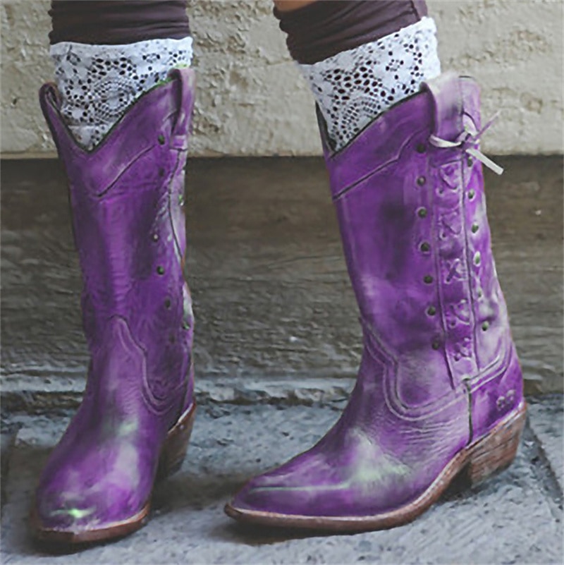 Women's Vintage Brown Leather Knee-High Cowboy Boots - Western Style with Distressed Finish 2026 - $69.99 –P2