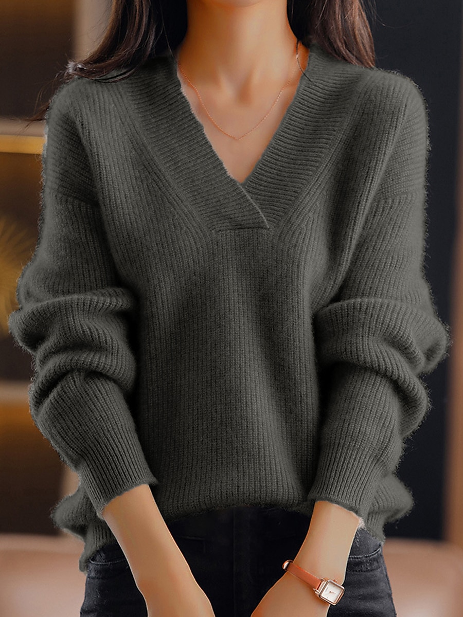 Damen Pullover Stilvoll Brautkleider schlicht Weich Feste Farbe Gerippt V Ausschnitt überdimensional Langarm Normale Oberteile Stricken Outdoor Täglich Ausgehen Marineblau Blau Herbst Winter 2025 - $31.99 -P1