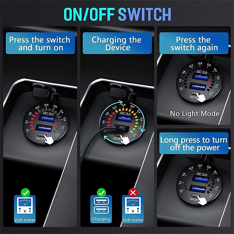 36w dual usb qc3.0 autolader 12v usb-uitgang snel opladen stopcontact met kleurrijke digitale voltmeter & aan / uit knop & 10a ingebouwde zekering voor voertuigen motorfietsen marine boot atv bus 2025 - $51.99 –P5