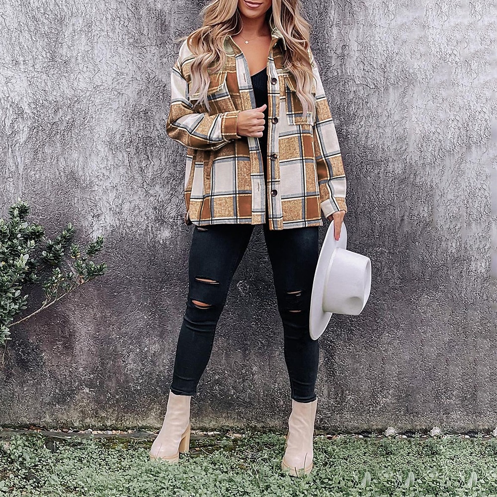 Women's Shirt Blouse Fashion Plaid Buttons Pocket Print Long Sleeve Regular Tops Shirt Collar Casual Black Red Green Khaki Spring &  Fall 2025 - $28.99 –P15