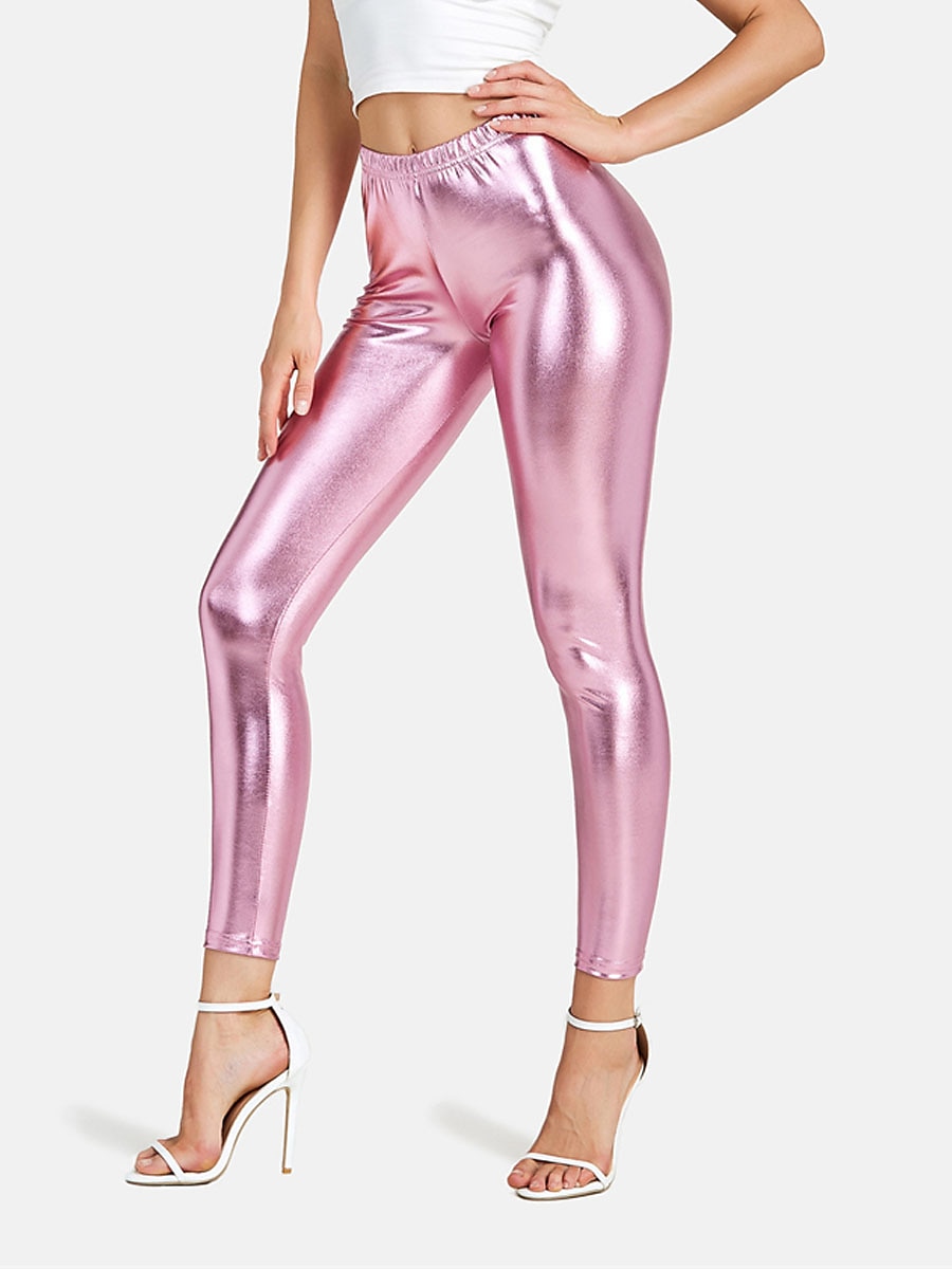 Mulheres Leggings Moda Sensual Comprimento total Cintura Média Tecido Cintura elástica Metálico Brilhante Respirabilidade Macio Confortável Micro-Elástica Bandagem Festa Rua Prata Rosa claro Dourado de 2026 por $22.99 –P2