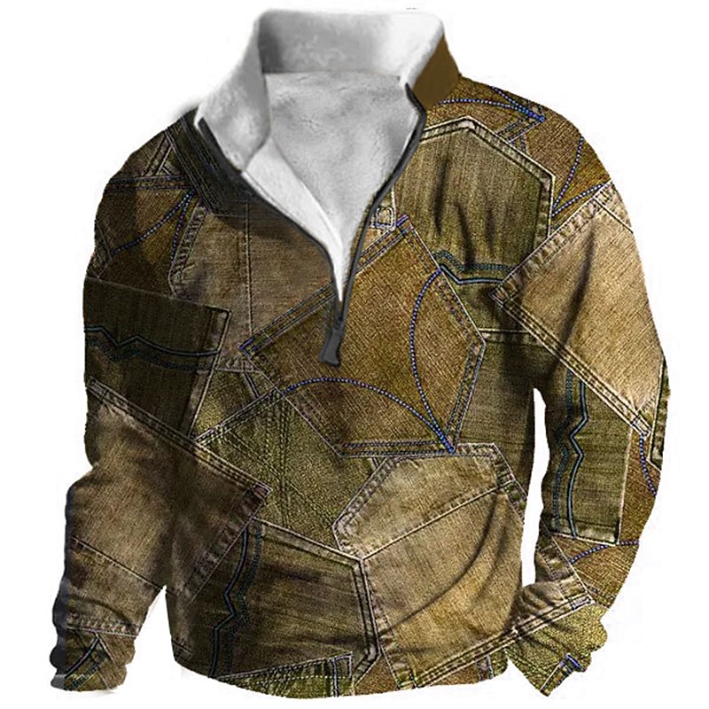 Voor heren Grafisch Lapwerk Denim Sweatshirts Sweatshirt Sweatshirt met rits Lange mouw Trui Kwart ritssluiting Dagelijks Basic Casual 3D-afdrukken Vakantie Feestdagen Uitgaan Afdrukken Fleece Herfst 2025 - $43.99 –P2