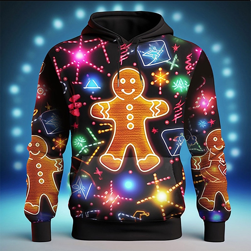 sweat à capuche 3D pour homme en pain d'épice de Noël, motif graphique joyeux, mode, impression 3D, sport, extérieur, vacances, sweat à capuche, jaune, orange, manches longues, poche avant, de 2025 ? $29.99 –P2