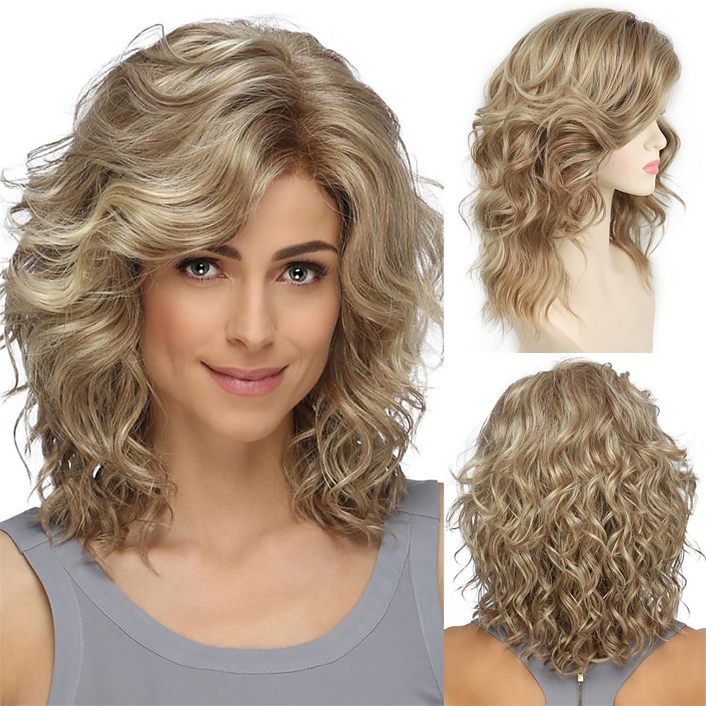 parrucche bionde ricce a caschetto per donne bianche parrucche corte per capelli ondulati a strati con radici scure soffici parrucche sintetiche naturali per l'uso quotidiano nelle feste del 2025 a $25.99 –P1
