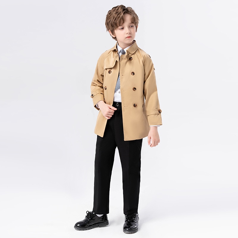 Barn Pojkar Trenchcoat Ytterkläder Ensfärgat Långärmad Ficka Täcka Skola Häftig Dagligen Svart 3-delad kostym (jacka + byxor + slips) Kaki 4-delat set (jacka + byxor + skjorta + slips) Svart 2-delat 2025 - $41.99 –P2