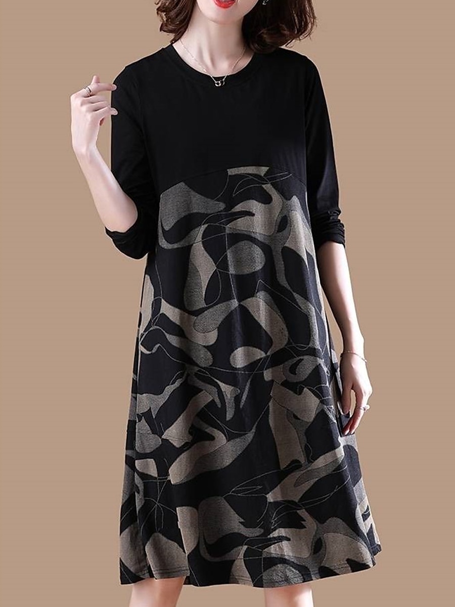 Women's Casual Dress Winter Dress Floral Color Block Patchwork Print Crew Neck Midi Dress Daily Vacation Long Sleeve Fall Winter 2025 - $22.99 –P2