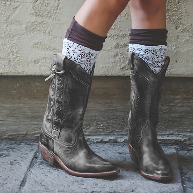 Women's Vintage Brown Leather Knee-High Cowboy Boots - Western Style with Distressed Finish 2026 - $69.99 –P4