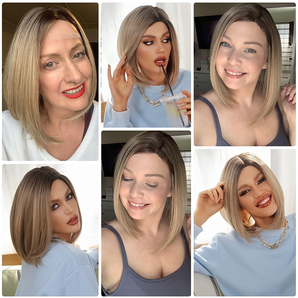 popielaty blond bob peruka krótkie włosy przedziałek po boku peruka ręcznie wiązana linia włosów długość do ramion peruka ombre naturalnie wyglądająca peruka syntetyczna damska 2025 - $21.99 –P2