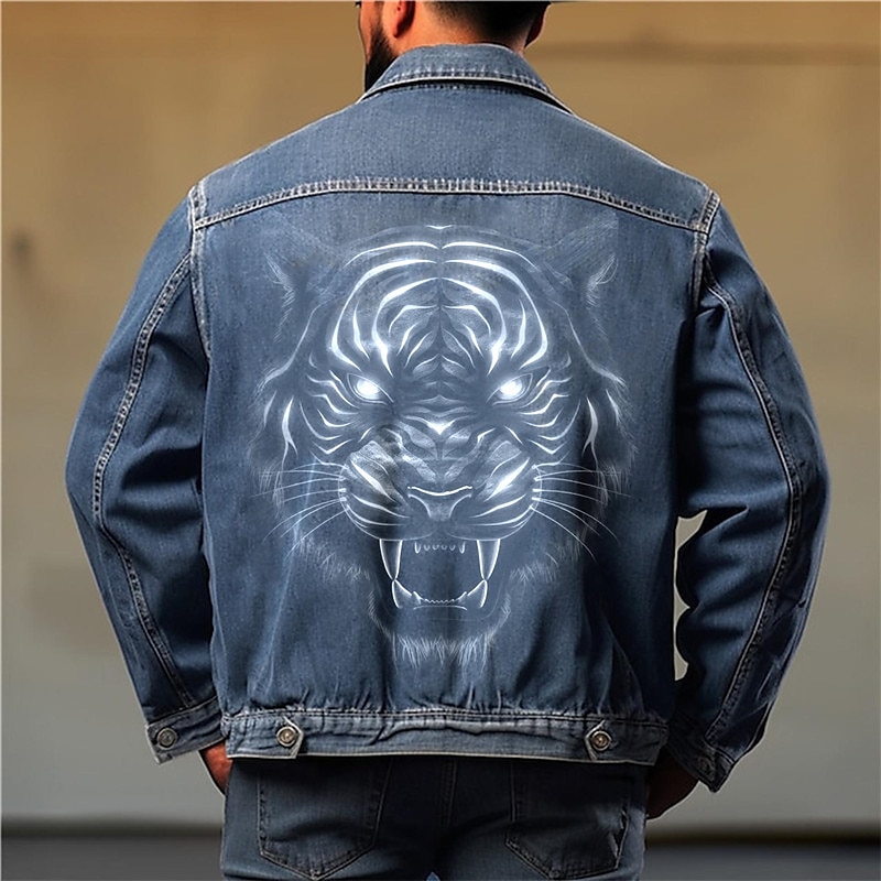 Herre Dyr Tiger Frakk Jean jakke Denimjakker Pustende Bekvem Fritid Sport & Utendørs Ut på byen Helg Knapper Trykt mønster Høst vinter Aftæpning Langermet Svart Blå 2025 - $60.99 –P2