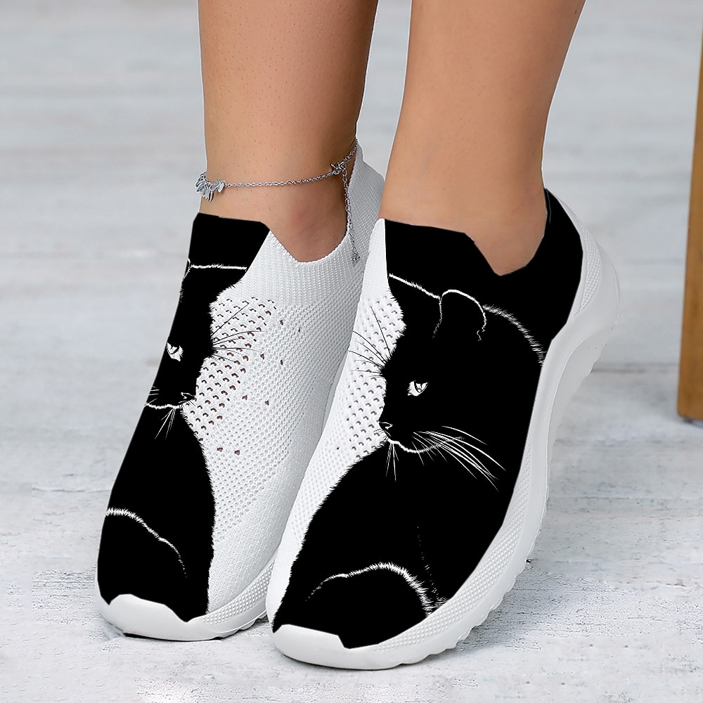Schwarze Slip-On-Sneaker mit Katzen-Print für Damen – atmungsaktive Strick-Wanderschuhe für die Freizeit, zum Reisen und für Katzenliebhaber 2025 - $29.99 –P2