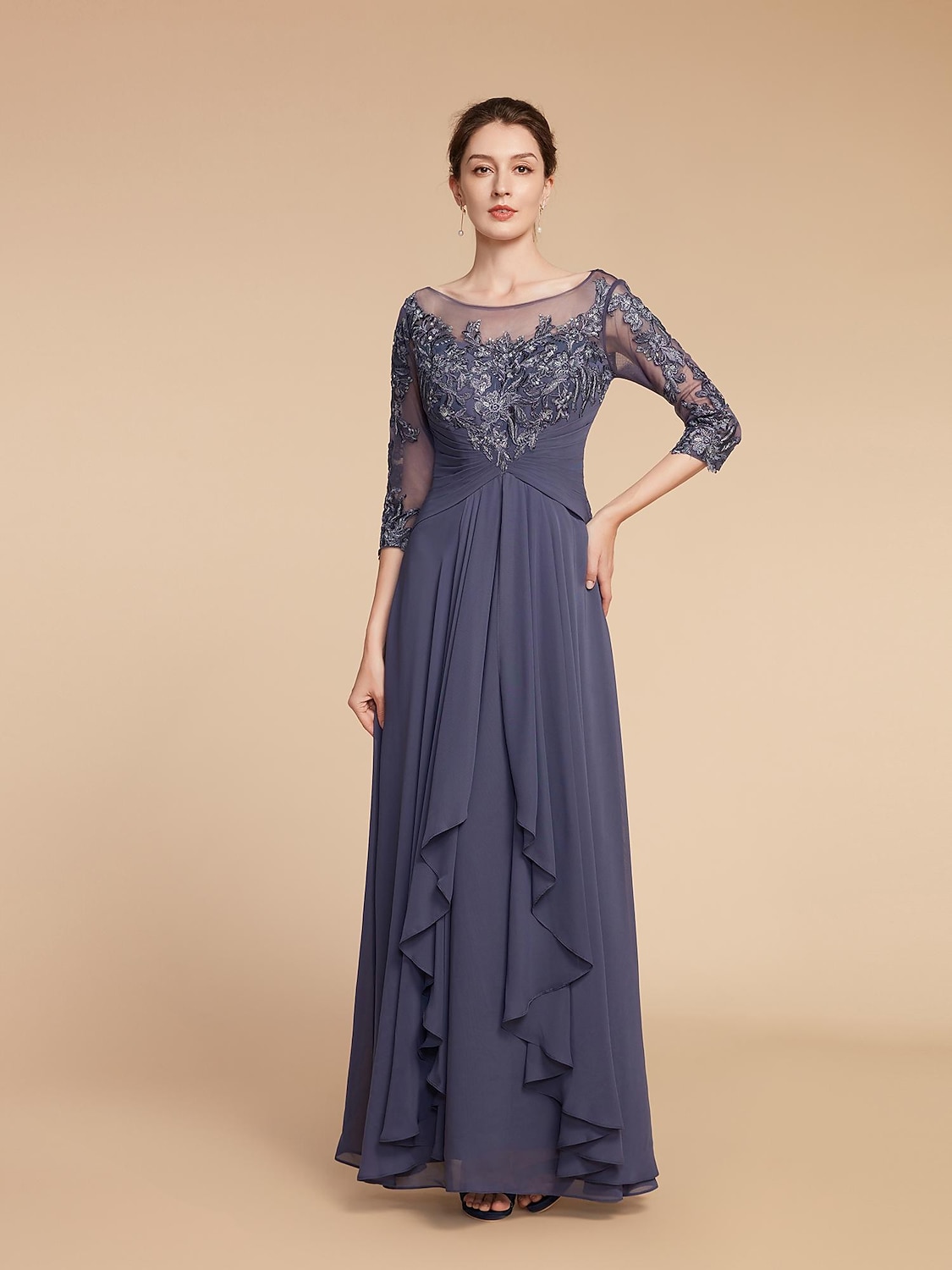 ts А-силуэт платье для матери невесты элегантный V-образный вырез длиной до пола шифоновое кружево рукав 3/4 с оборками аппликации 2024 свободный индивидуальный размер 2025 - $150.99 –P2