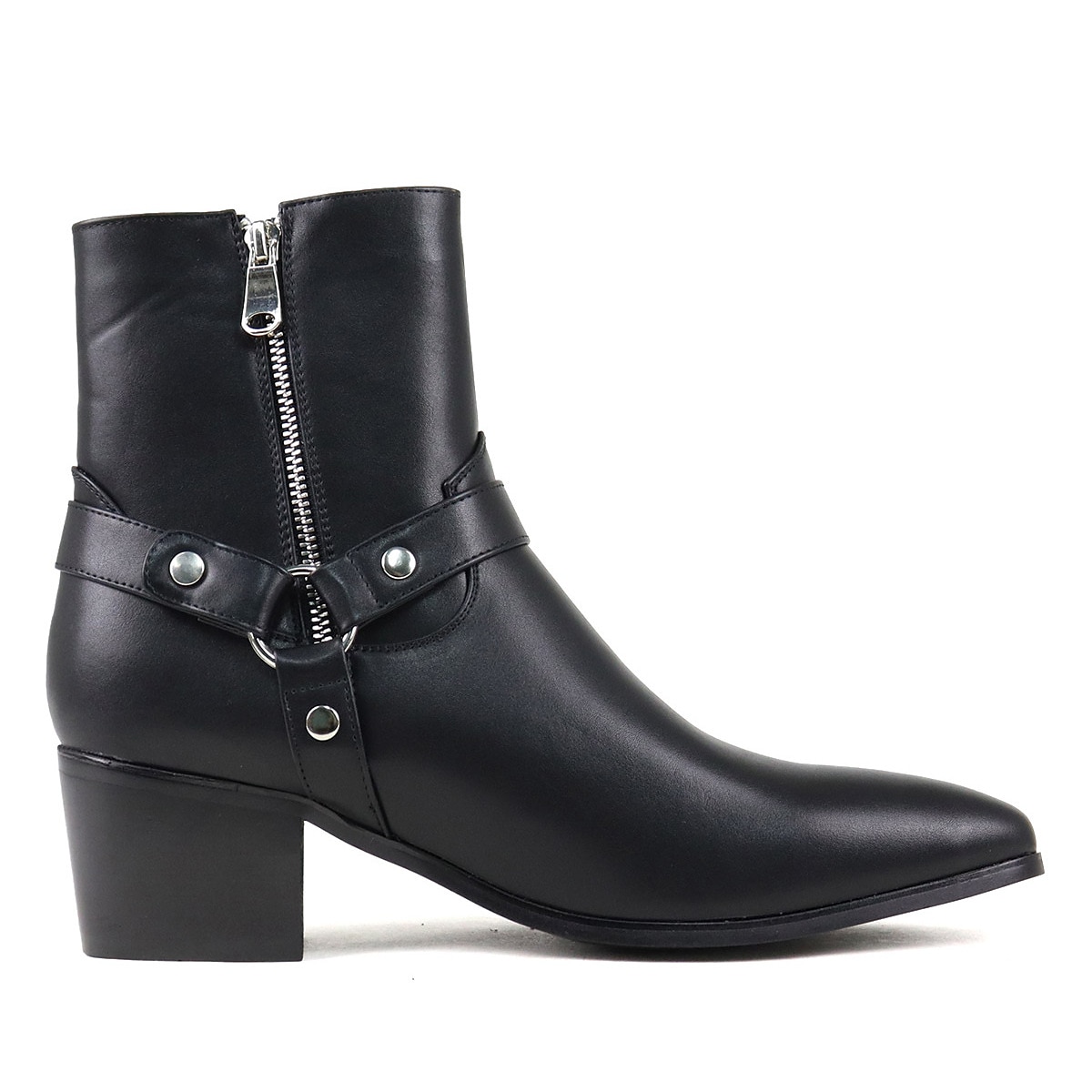 botas masculinas pretas de couro sintético para motociclista com tira e fivela - botas estilosas de cano médio de 2025 por $79.99 –P2