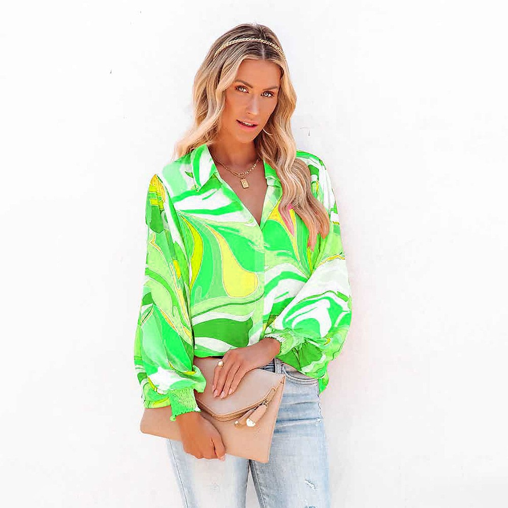 Women's Shirt Blouse Fashion Buttons Print Long Sleeve Regular Tops Shirt Collar Casual Blue Purple Green Gray Spring & Fall 2025 - $21.99 –P13