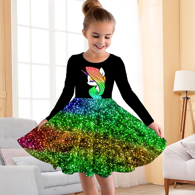 Girls' 3D Rainbow Unicorn Dress Long Sleeve 3D Print Fall Winter Vacation Sports & Outdoor Daily Cute Casual Beautiful Kids 3-12 Years Casual Dress A Line Dress Above Knee Regular Fit 2026 - $17.49 –P2
