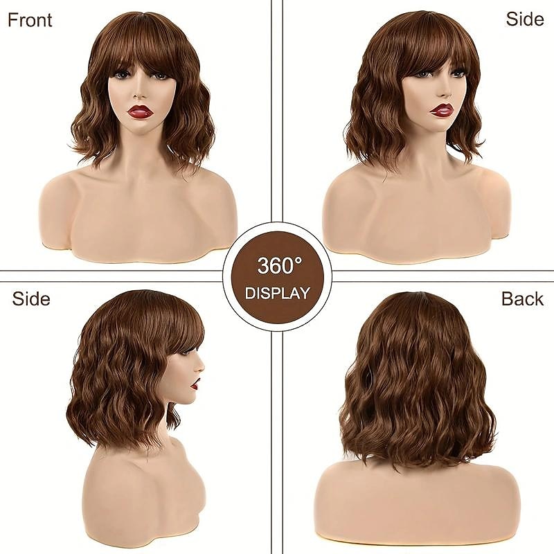 10 inch korte golvende bobpruiken met pony voor vrouwen zwart gemengd bruin korte golvende bob krullende pruiken synthetisch natuurlijk ogend hittebestendige vezelpruiken 2025 - $23.99 –P6