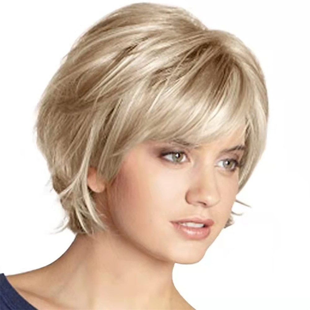 Kurze blonde Perücke mit Pony, blonde Mischung, braune Perücken für weiße Frauen, natürliche, flauschige Kunsthaar-Damenperücken 2025 - $19.99 –P2