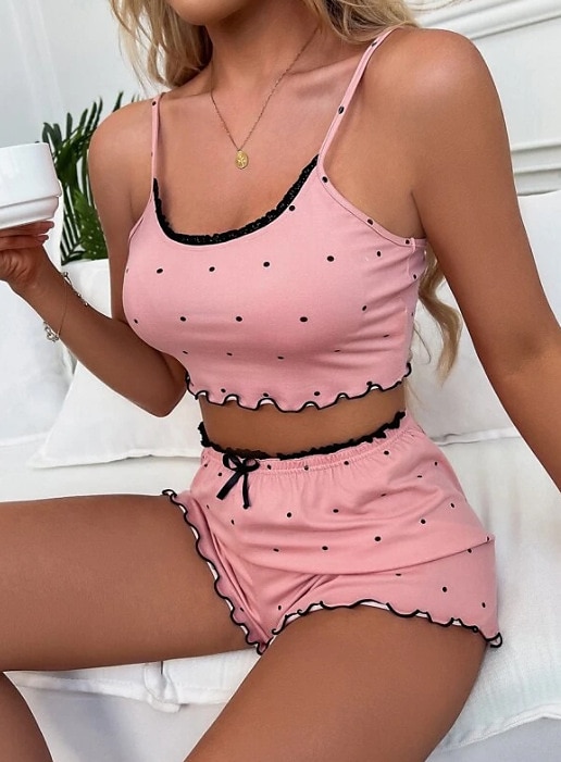 dames valentijn pyjama sets 2 stuks stippen print sla rand crop cami top met shorts pyjama sets roze grijs 3 3xl lente zomer thuis outfits 2025 - $13.99 –P1