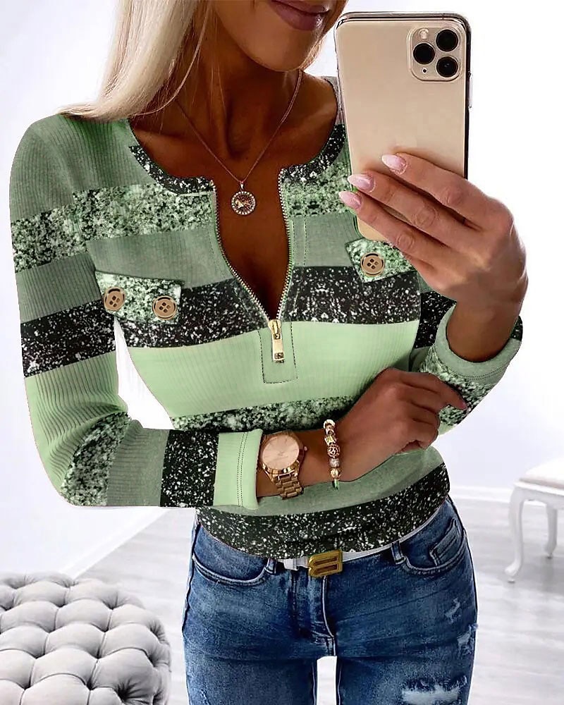 Women's T Shirt Color Block Fashion Long Sleeve Round Neck Half Zip Regular Tops Daily Weekend Print Quarter Zip Pink Blue Purple Green Gray Spring & Fall 2025 - $25.99 –P5