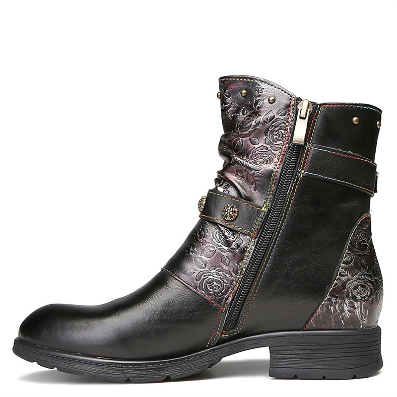 Vintage leren enkellaarsjes met bloemenreliëf voor dames – stijlvol bordeauxrood gespbandontwerp voor casual herfst- en winterkleding 2026 - $99.99 –P10
