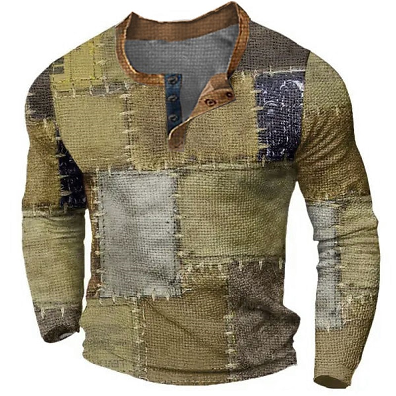 2025年 男性用 グラフィック カラーブロック パッチワーク ヘンリーシャツ ワッフルTシャツ 長袖 3Dプリント ファッション デザイナー カジュアル スポーツ・アウトドア 祝日 祭り 春 & 秋 イエロー ブルー ブラウン グレー ヘンリー ヘンリーTシャツ コレクション – $23.99 –P3