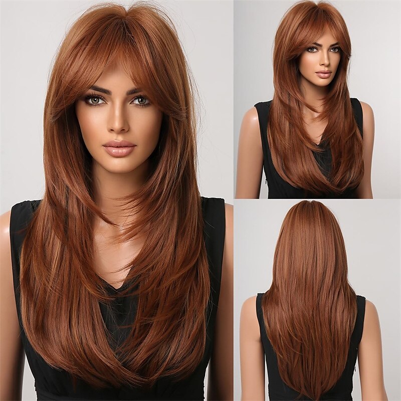 evidenzia parrucca bionda marrone con frangia parrucche diritte naturali di media lunghezza per donne parrucche sintetiche in fibra resistente al calore per cosplay quotidiano del 2025 a $26.99 –P6