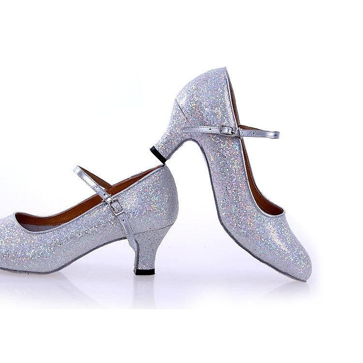 sällskapsdansskor med glitter i silver med mockasula – eleganta klackar för latin, salsa och performancedans 2025 - $26.99 –P3