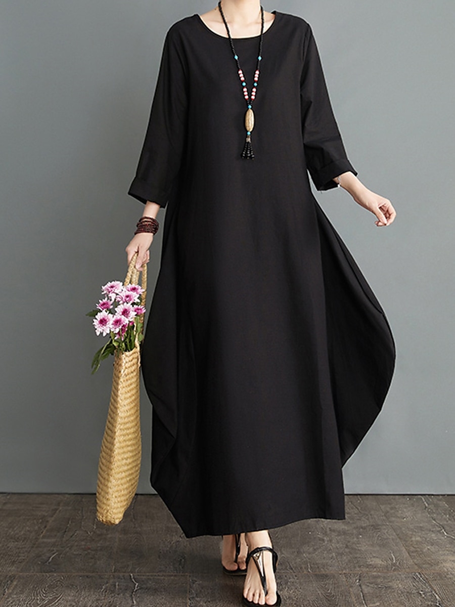 Damen Langes Kleid Maxikleid Leinen-inspirierte Kleider Weißes Kleid Freizeitkleid Winterkleid Streetwear Urlaub Straße Lässiger Schnitt Langarm Rundhalsausschnitt Schwarz Weiß Rote Blau Herbst Winter 2025 - $26.99 –P18