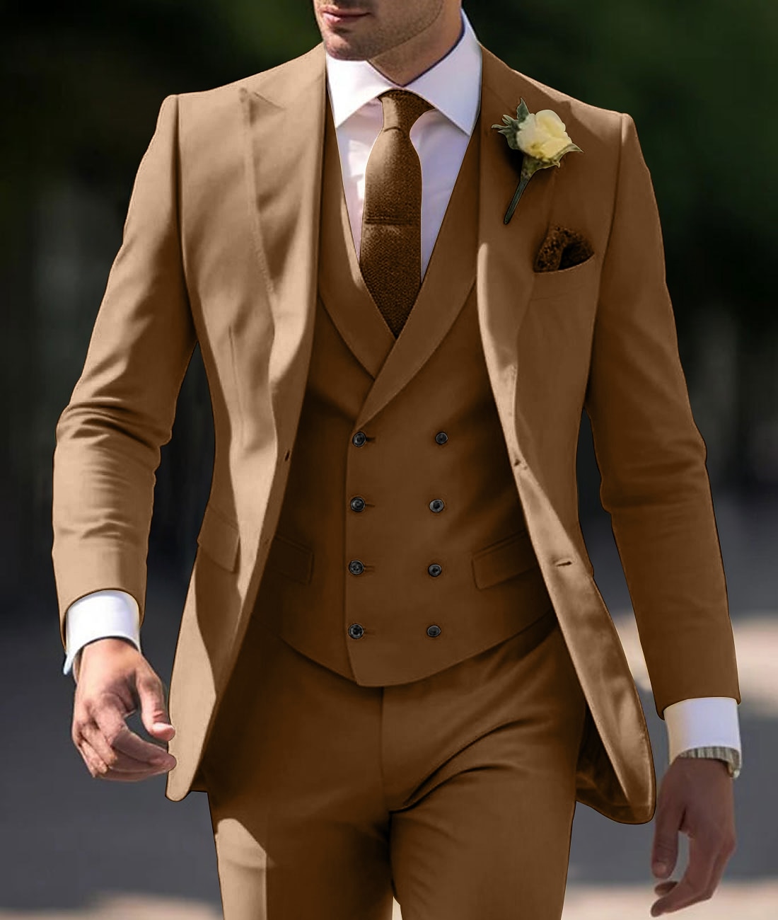 De los hombres Boda Boda de otoño Trajes Pico Amarillo Claro Marrón Color sólido Ajustado Juego de 3 piezas Recto 2 botones 2025 - $139.99 –P1