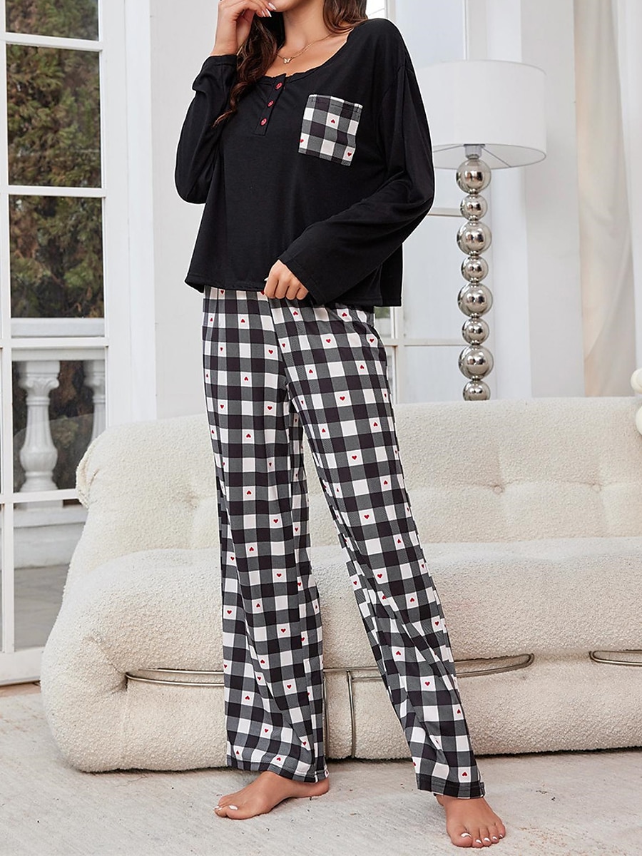 pyjamassett for kvinner rutenett / rutete tilfeldig komfort hjemmeseng pustende rundhals langermet t-skjorte t-skjorte bukseknapplomme høst vinter hjemmeantrekk 2025 - $25.99 –P3