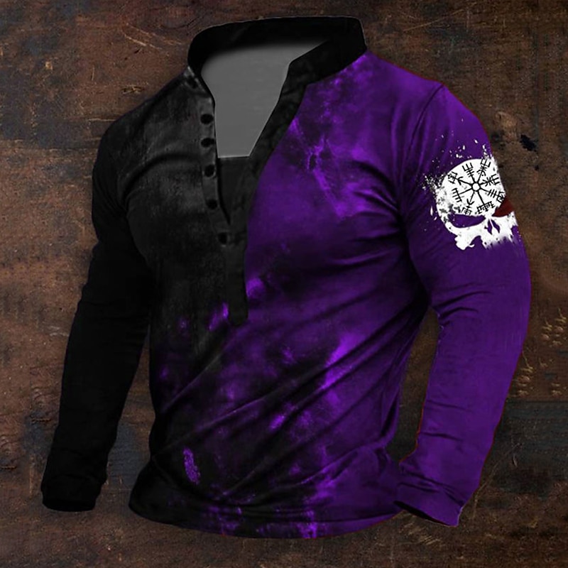 Herre Grafisk Viking Henly-skjorte Langermet 3D-utskrift Daglig Retro / vintage Fritid Ferie Ut på byen Festival Vår & Vinter Blå Rød Lilla Grønn Henley Henley T-skjorte 2026 - $25.99 –P4