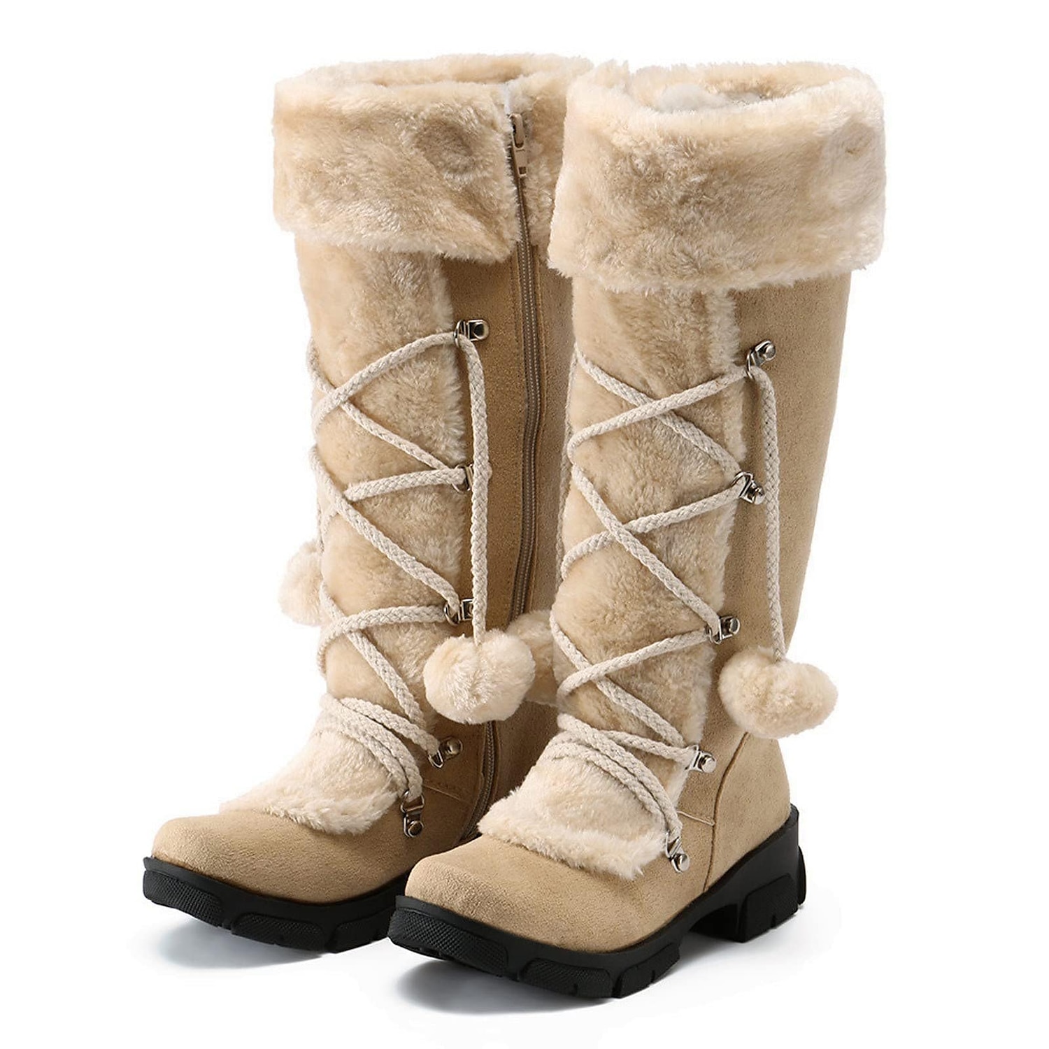 botas de inverno femininas de pele sintética preta com cadarços de pompom - isolamento quente, design na altura do joelho, solas antiderrapantes para clima frio e dias de neve de 2025 por $59.99 –P3