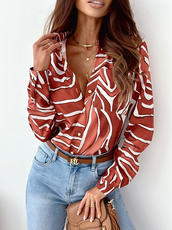 Damen Hemd Bluse Mode gestreift Knöpfe Tasche Druck Langarm normale Oberteile Hemdkragen Arbeit rot königsblau blau fuchsia braun Frühling&amp;  fallen 2025 - $26.99 –P10