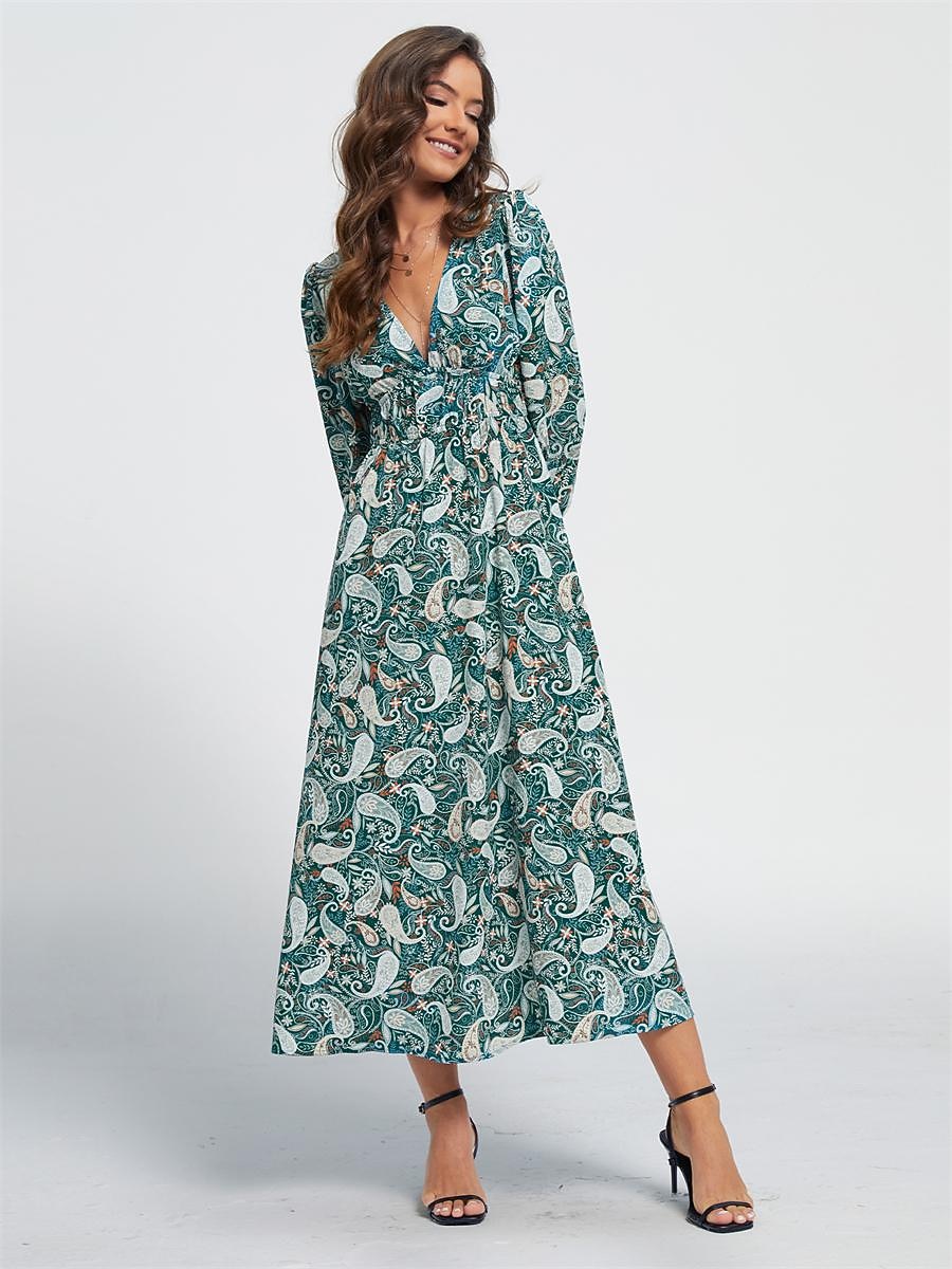 robe midi décontractée à motif cachemire et col en V de 2026 ? $91.99 –P3