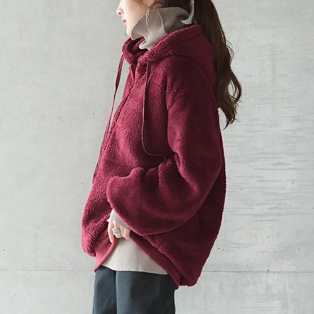 Mulheres Côr Sólida Quente Teddy Difusa Manga Longa Capuz Meio Zíper Tops regulares Rua Casual Com Cordão Bolso frontal Quarter Zip Preto Vinho Cinzento Escuro Café Cinzento Outono & inverno de 2025 por $33.99 –P8