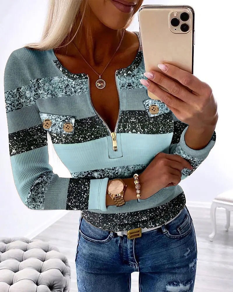 Women's T Shirt Color Block Fashion Long Sleeve Round Neck Half Zip Regular Tops Daily Weekend Print Quarter Zip Pink Blue Purple Green Gray Spring & Fall 2025 - $25.99 –P4