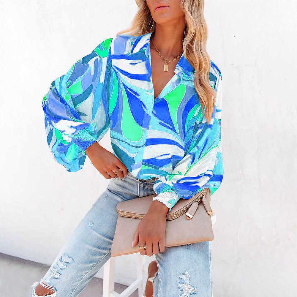 Women's Shirt Blouse Fashion Buttons Print Long Sleeve Regular Tops Shirt Collar Casual Blue Purple Green Gray Spring & Fall 2025 - $21.99 –P11