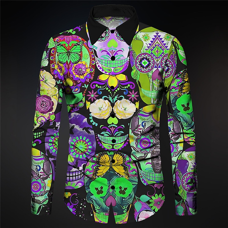 Men's Skull Geometric Pattern Shirt Button Up Shirt Long Sleeve Abstract Gothic Carnival Daily Wear Going out Fall & Winter Turndown Print Button-Down Red Blue Purple Green Light Grey 2025 - $25.99 –P5