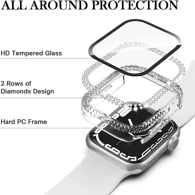 2 Pack Watch Case with Screen Protector Compatible with Apple Watch Series 8 7 41mm 45mm / Series 6 5 4 SE 40mm 44mm / Series 3 2 1 38mm 42mm Scratch Resistant Bling Diamond HD Clear Tempered Glass 2025 - $11.99 –P2
