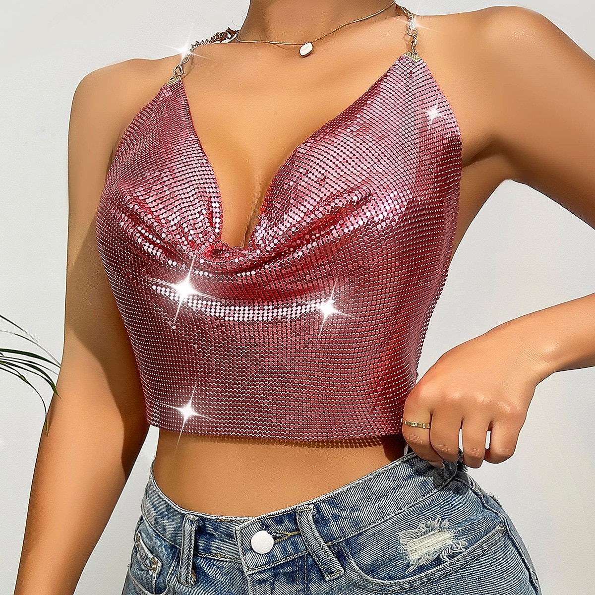 Fémes Hát nélküli Szikra Spagetti pántos trikó Testlánc Crop Tank Top Diszkó Jelmez Női Parti Klub Pride Parade Felnőttek Trikó 2025 - $23.99 –P21