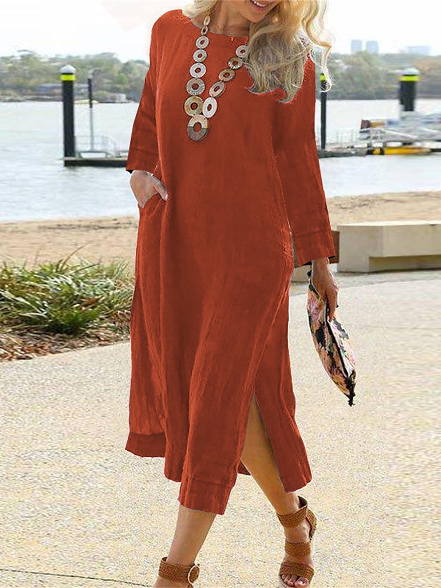 Women's Black Orange Rose Red Fall Winter Autumn Maxi Dress Casual Dress Cotton Summer Dress Fashion Classic Style Casual Outdoor Vacation Daily Loose Fit Plain Crew Neck 2025 - $28.99 –P4
