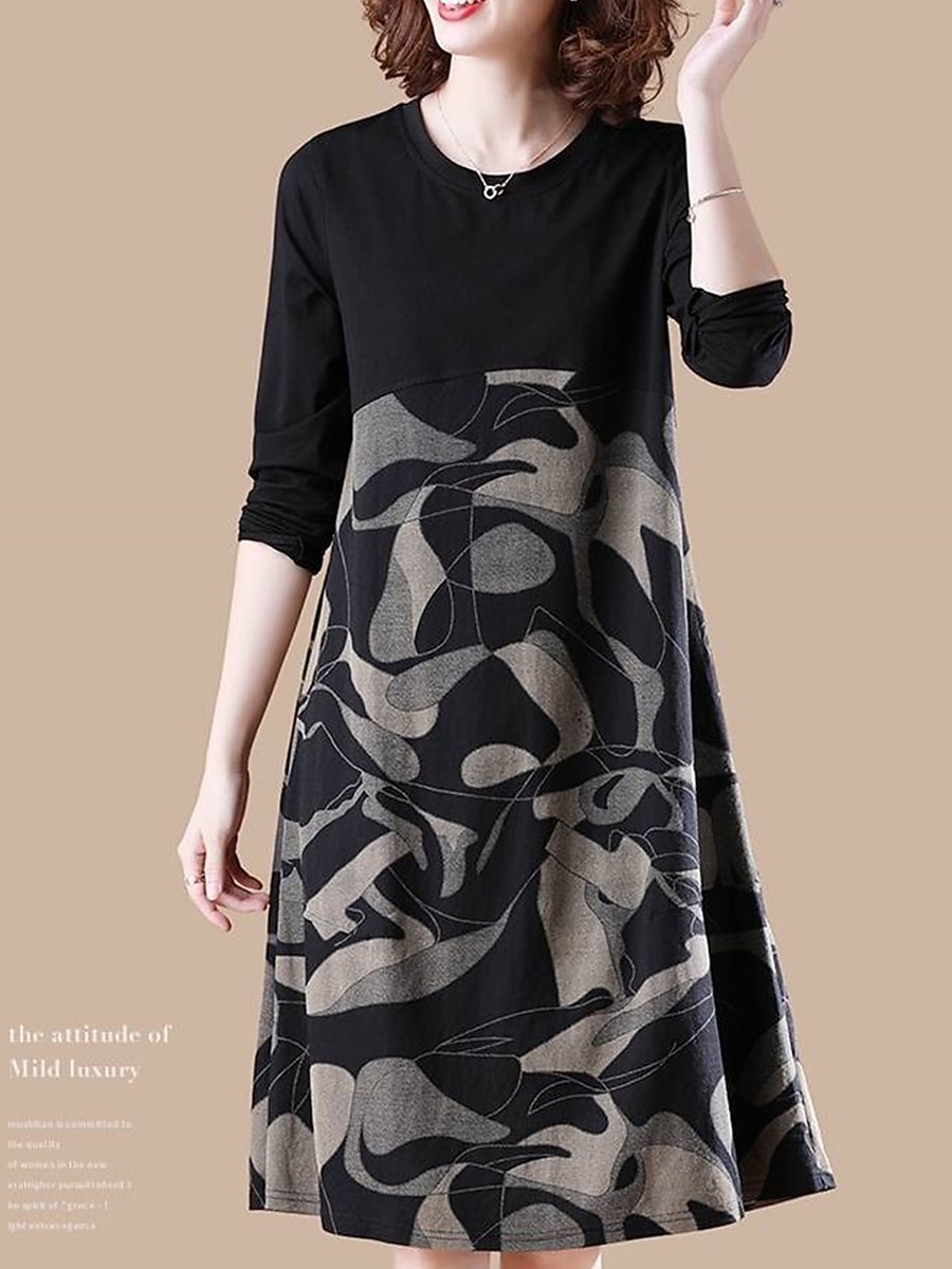 Women's Casual Dress Winter Dress Floral Color Block Patchwork Print Crew Neck Midi Dress Daily Vacation Long Sleeve Fall Winter 2025 - $22.99 –P4