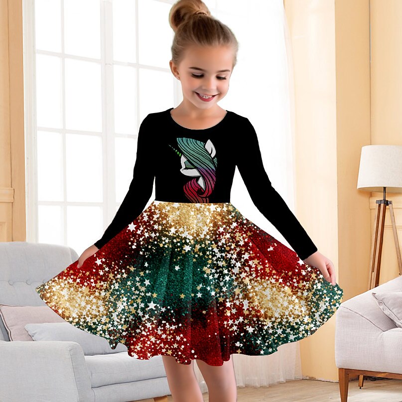 Girls' 3D Rainbow Unicorn Dress Long Sleeve 3D Print Fall Winter Vacation Sports & Outdoor Daily Cute Casual Beautiful Kids 3-12 Years Casual Dress A Line Dress Above Knee Regular Fit 2026 - $17.49 –P4