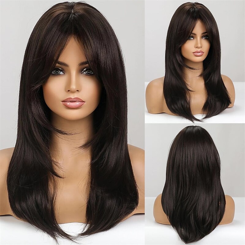 evidenzia parrucca bionda marrone con frangia parrucche diritte naturali di media lunghezza per donne parrucche sintetiche in fibra resistente al calore per cosplay quotidiano del 2025 a $26.99 –P10